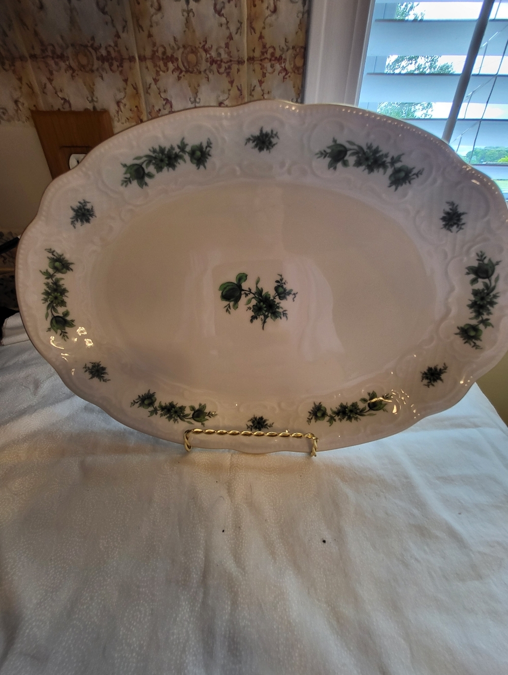 GERMAN White Porcelain Serving Platter with Green Floral Accents